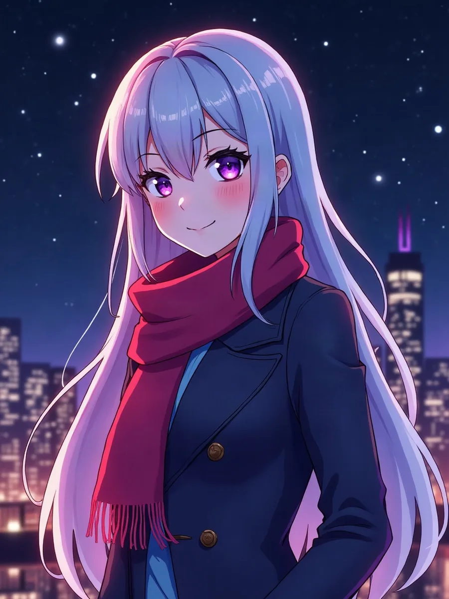 Character.AI, namorada IA: ilustração gerada por IA, personagem feminina em estilo anime, de longos cabelos prateados e olhos violeta, sobretudo comprido
