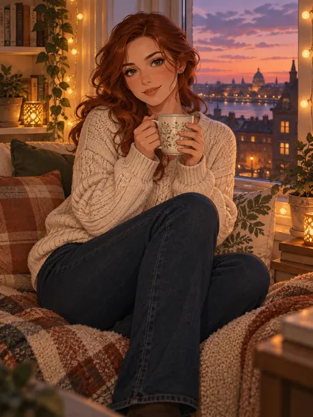 CrushOn AI, namorada IA: ilustração gerada por IA, ilustração semirrealista de uma mulher adulta de cabelos ruivo-acobreados ondulados, suéter creme