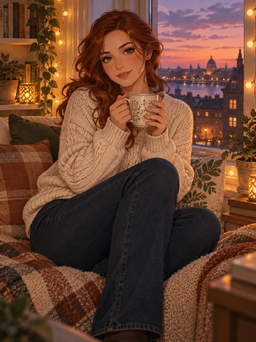 CrushOn AI, namorada IA: ilustração gerada por IA, ilustração semirrealista de uma mulher adulta de cabelos ruivo-acobreados ondulados, suéter creme