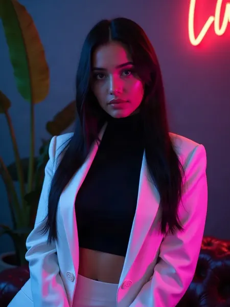 DreamGF, namorada IA: ilustração gerada por IA, mulher de cabelos pretos longos, blazer branco, num loft minimalista com plantas