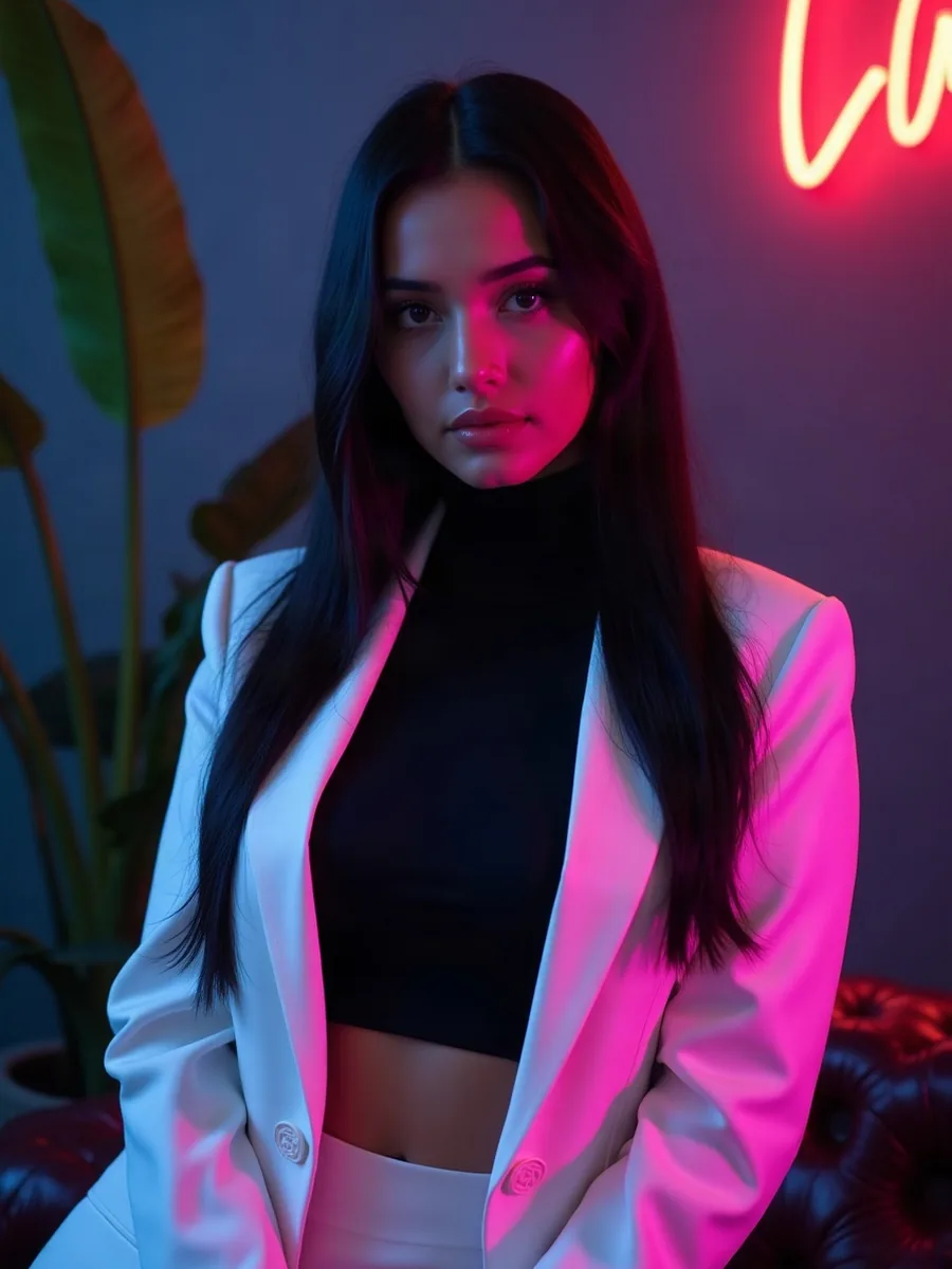 DreamGF, namorada IA: ilustração gerada por IA, mulher de cabelos pretos longos, blazer branco, num loft minimalista com plantas