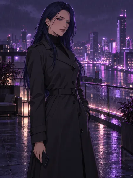 eHentai AI, namorada IA: ilustração gerada por IA, ilustração anime de uma mulher adulta de longos cabelos azul-noite, trench coat grafite