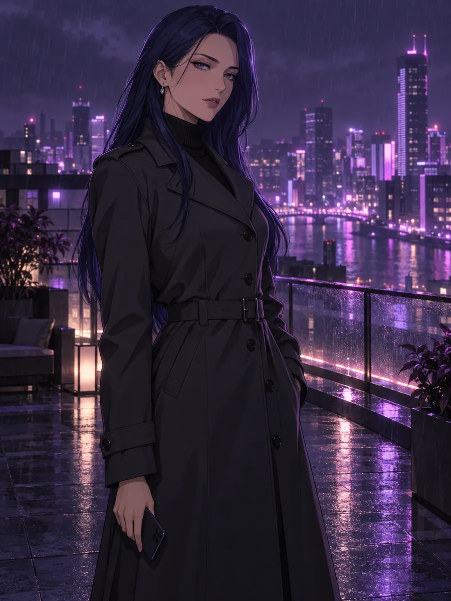 eHentai AI, namorada IA: ilustração gerada por IA, ilustração anime de uma mulher adulta de longos cabelos azul-noite, trench coat grafite