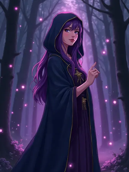 FantasyGF, namorada IA: ilustração gerada por IA, maga em estilo anime de longos cabelos roxos, vestido escuro com capuz, numa floresta com orbes de luz