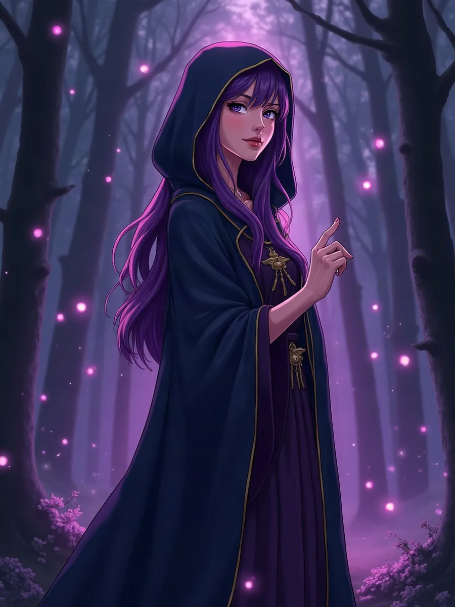 FantasyGF, namorada IA: ilustração gerada por IA, maga em estilo anime de longos cabelos roxos, vestido escuro com capuz, numa floresta com orbes de luz