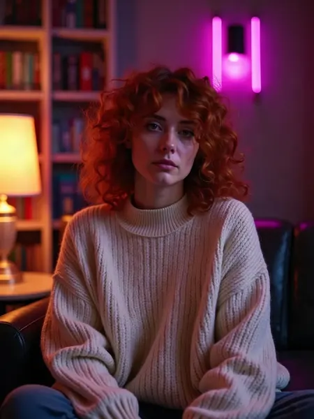 GirlfriendGPT, namorada IA: ilustração gerada por IA, mulher ruiva de cabelos cacheados, suéter grosso creme, numa biblioteca com luminárias quentes