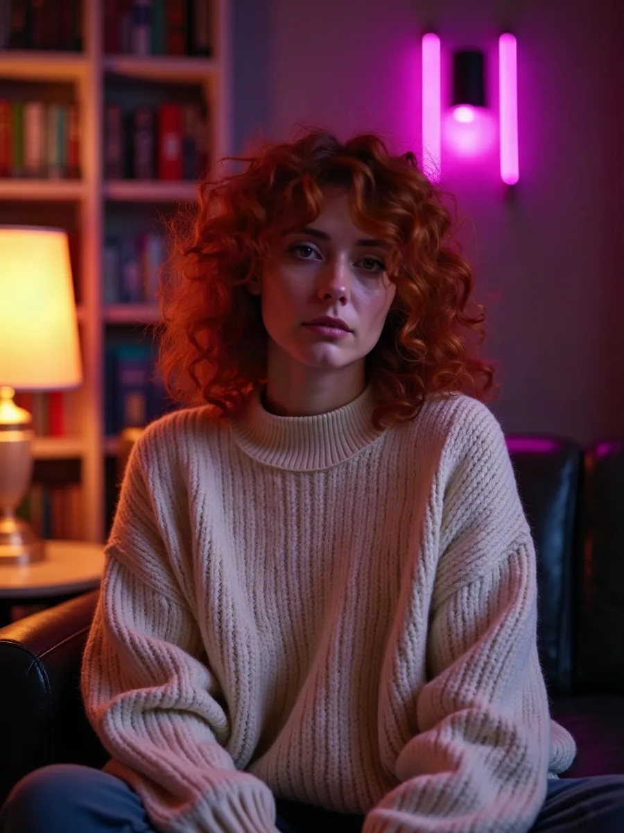 GirlfriendGPT, namorada IA: ilustração gerada por IA, mulher ruiva de cabelos cacheados, suéter grosso creme, numa biblioteca com luminárias quentes
