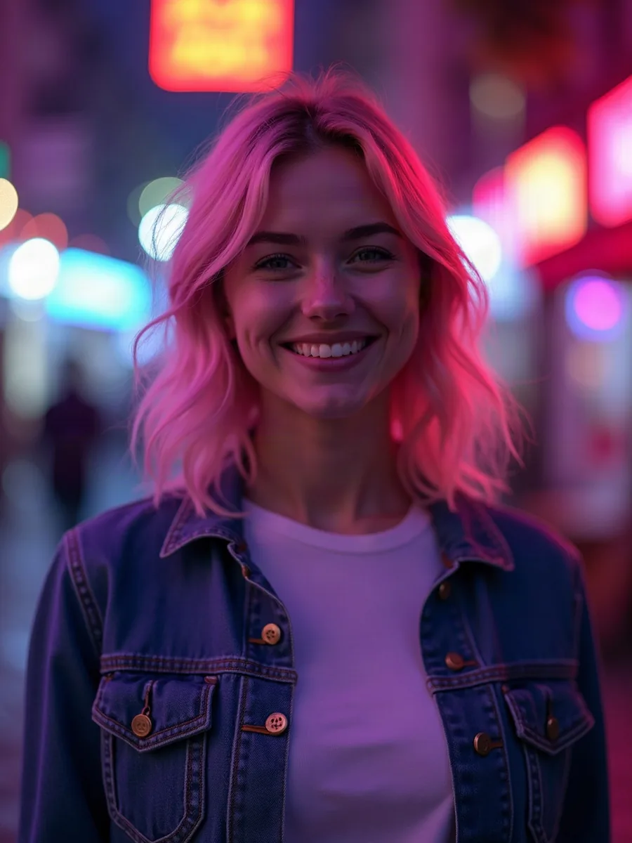 Kupid AI, namorada IA: ilustração gerada por IA, mulher sorridente de cabelos curtos rosados, jaqueta jeans, com luzes desfocadas ao fundo