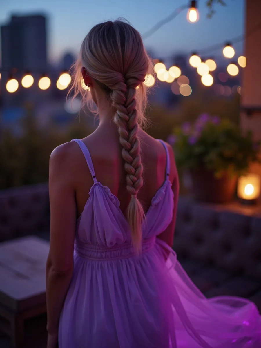 Lovescape, namorada IA: ilustração gerada por IA, mulher de trança loiro mel, vestido lavanda, num terraço-jardim decorado com cordões de luz