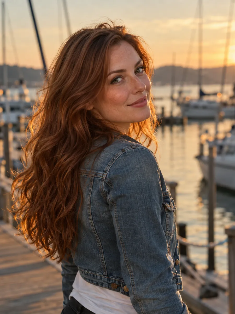 Promptchan, namorada IA: ilustração gerada por IA, mulher de cabelos ruivo-acobreados, jaqueta jeans, num píer ao pôr do sol