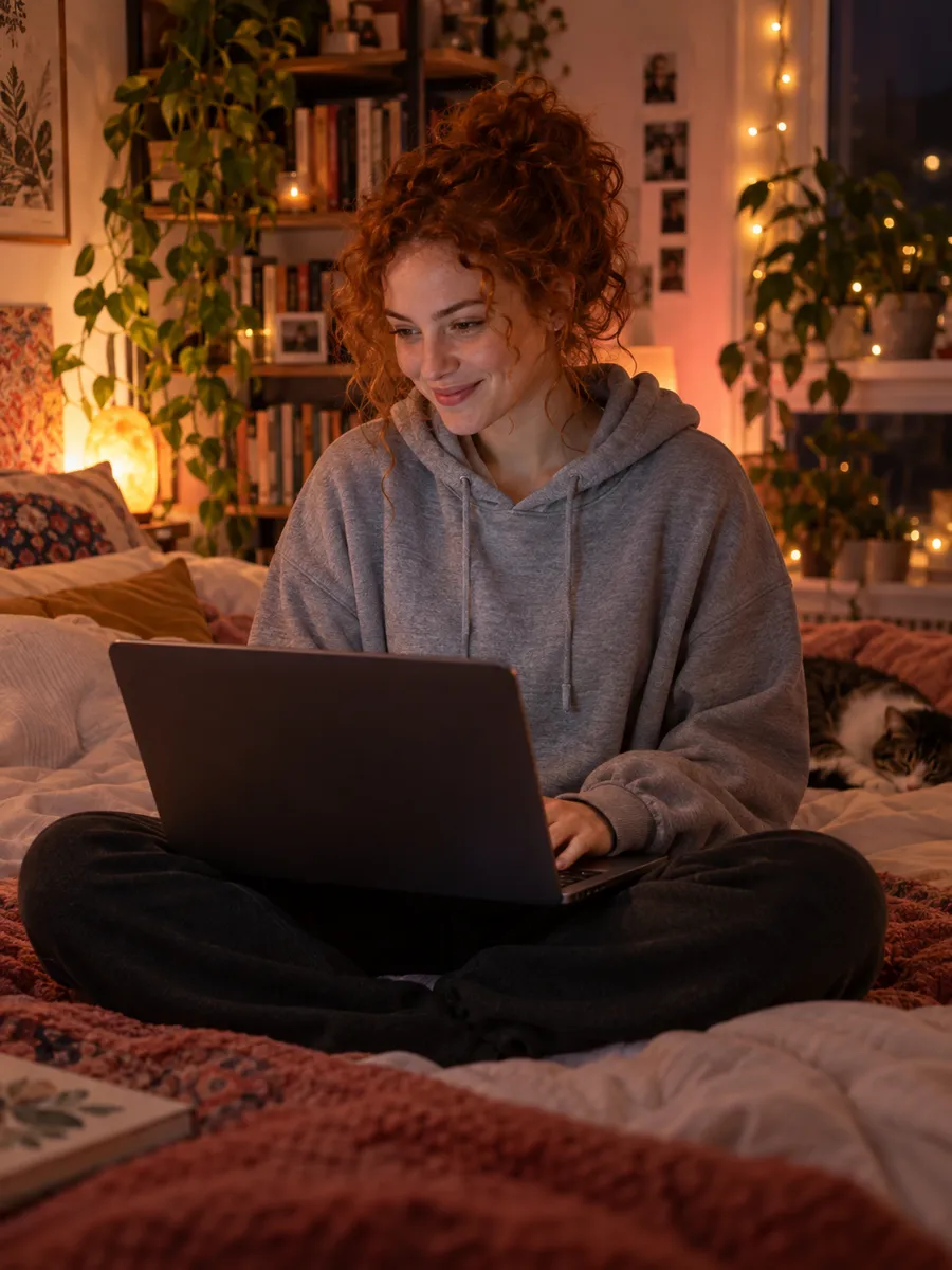 SpicyChat, namorada IA: ilustração gerada por IA, mulher ruiva de moletom cinza, digitando num notebook à noite