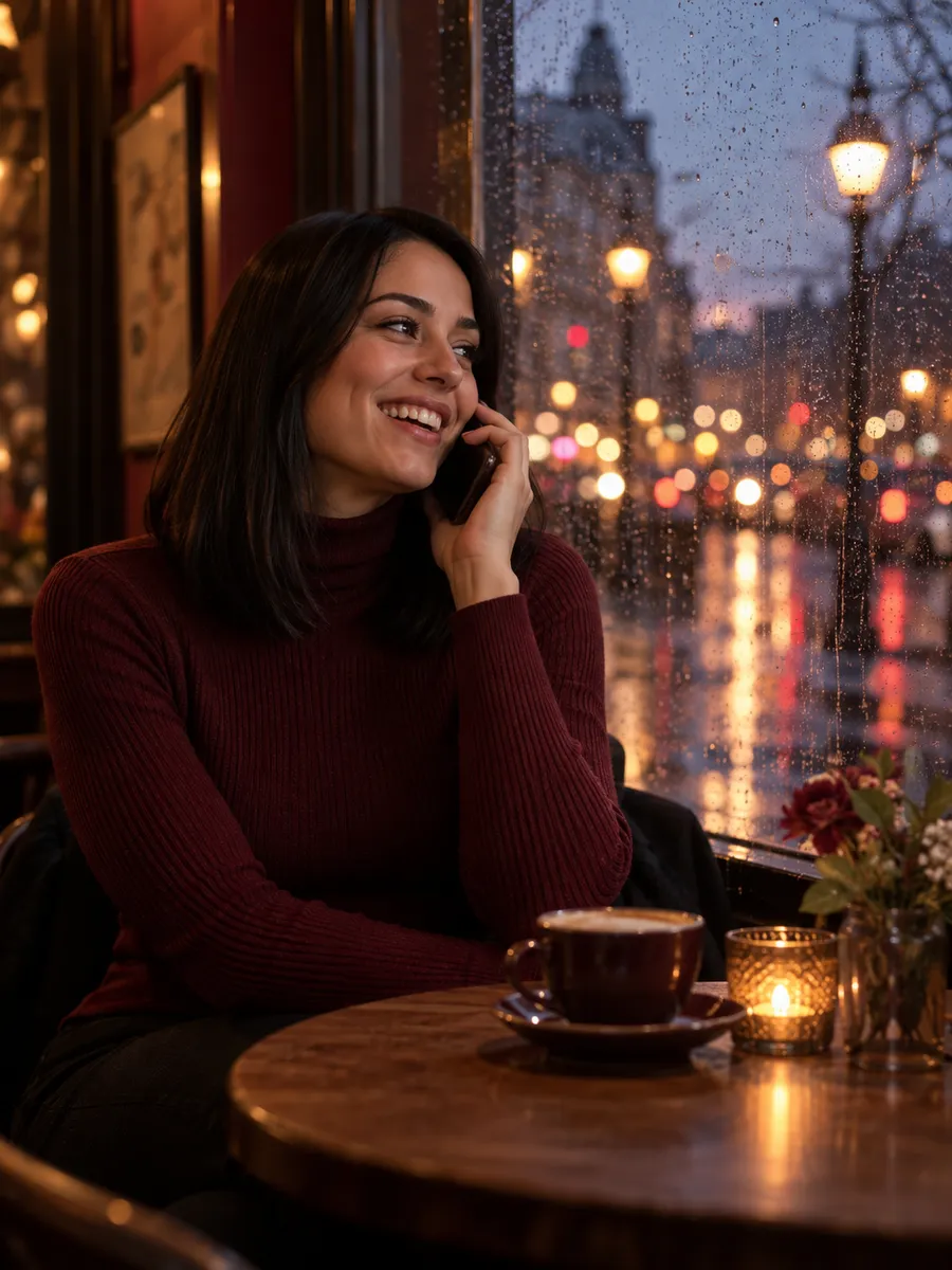 Swipey AI, namorada IA: ilustração gerada por IA, mulher de cabelos pretos, suéter bordô, rindo ao celular num café
