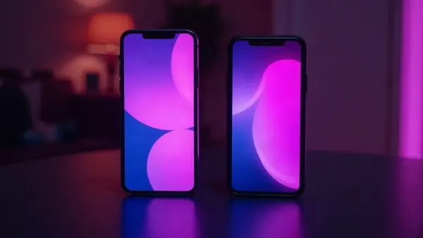 Dois celulares lado a lado numa mesa escura, telas violeta, ilustração do artigo “Candy AI app 2026: Android, iPhone e login”