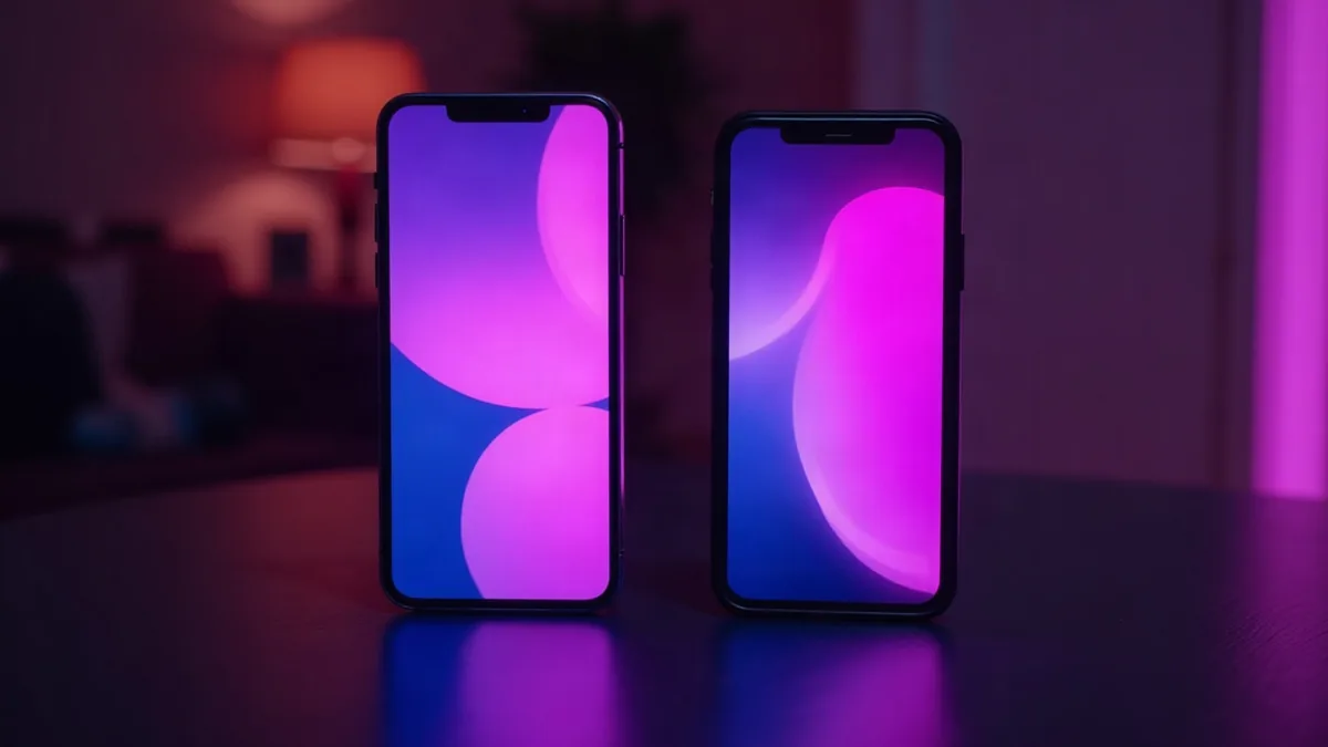 Dois celulares lado a lado numa mesa escura, telas violeta, ilustração do artigo “Candy AI app 2026: Android, iPhone e login”