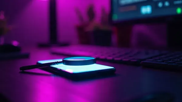 Lupa sobre um celular aceso, numa mesa escura iluminada de violeta, ilustração do artigo “Candy AI é confiável? Review 2026: golpe ou app sério”
