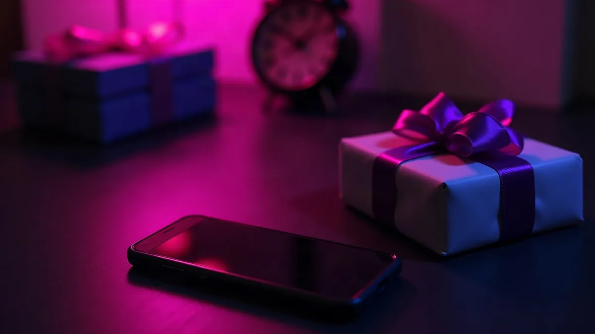 Celular ao lado de um pequeno presente com fita violeta, numa mesa escura, ilustração do artigo “Candy AI grátis 2026: o que o teste permite de verdade”