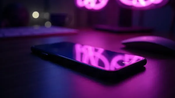 Celular sobre uma mesa escura, reflexos violeta brilhantes na tela, ilustração do artigo “Candy AI vídeo 2026: como criar vídeo IA, custo e limites”