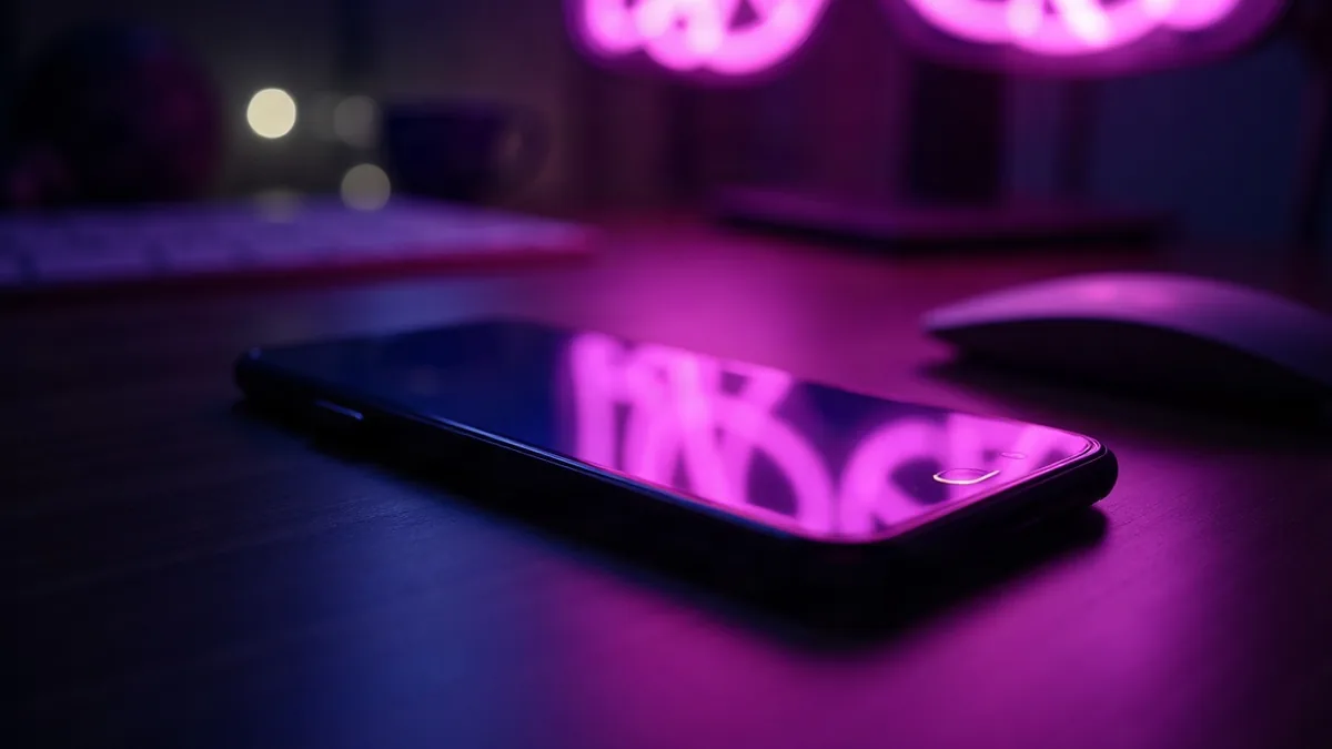 Celular sobre uma mesa escura, reflexos violeta brilhantes na tela, ilustração do artigo “Candy AI vídeo 2026: como criar vídeo IA, custo e limites”