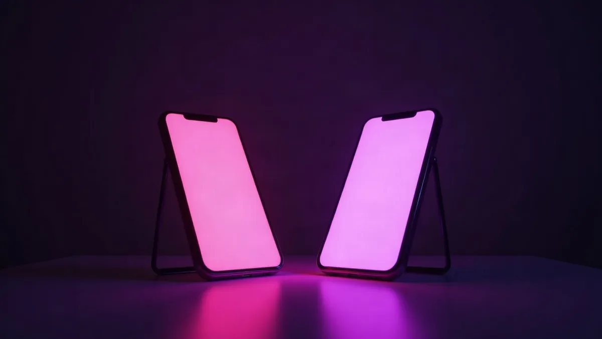 Dois celulares frente a frente numa mesa escura, um rosa e outro violeta, ilustração do artigo “Candy AI vs Secrets AI: qual escolher em 2026?”