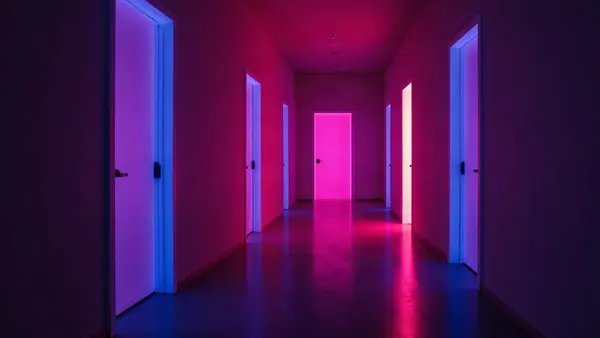 Corredor escuro com portas iluminadas, uma delas entreaberta para uma luz magenta, ilustração do artigo “Character AI sem filtro 2026: riscos e alternativas 18+”