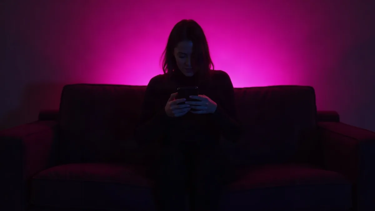 Silhueta de costas num sofá segurando um celular, num quarto escuro com brilho magenta, ilustração do artigo “IA sem censura 2026: os chats IA que permitem NSFW”