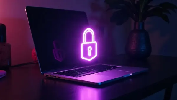 Notebook com um cadeado violeta brilhante acima do teclado, ilustração do artigo “ChatGPT NSFW 2026: o que a OpenAI permite e alternativas”