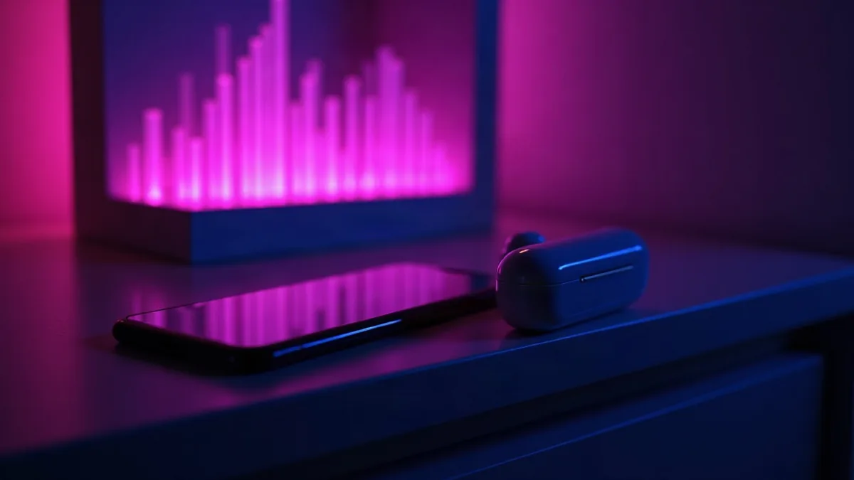 Fones sem fio e celular numa mesa de cabeceira, luz em forma de onda sonora, ilustração do artigo “Namorada IA com voz 2026: áudios e chamadas, quais apps”