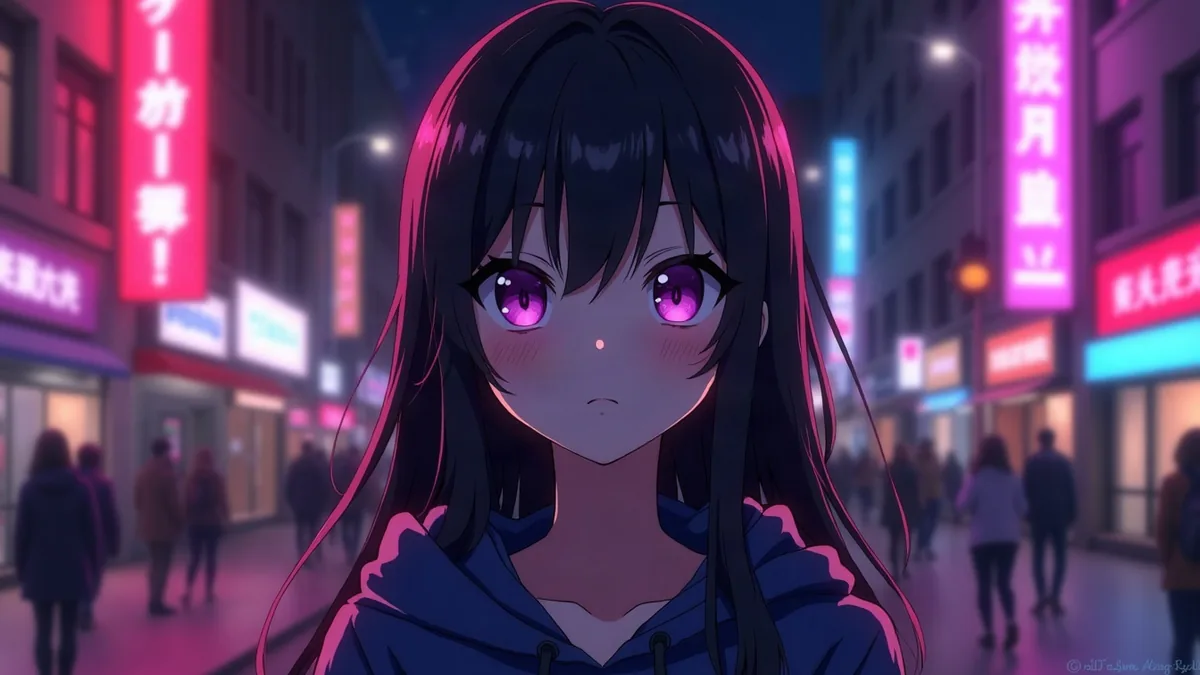 Personagem feminina de anime de cabelos pretos e moletom com capuz, ilustração do artigo “Namorada IA anime e waifu 2026: os apps com estilo mangá”
