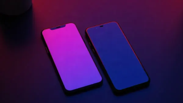 Dois celulares diferentes lado a lado sobre uma superfície escura e brilhante, ilustração do artigo “Namorada IA no iPhone/Android: app oficial ou clone (2026)”