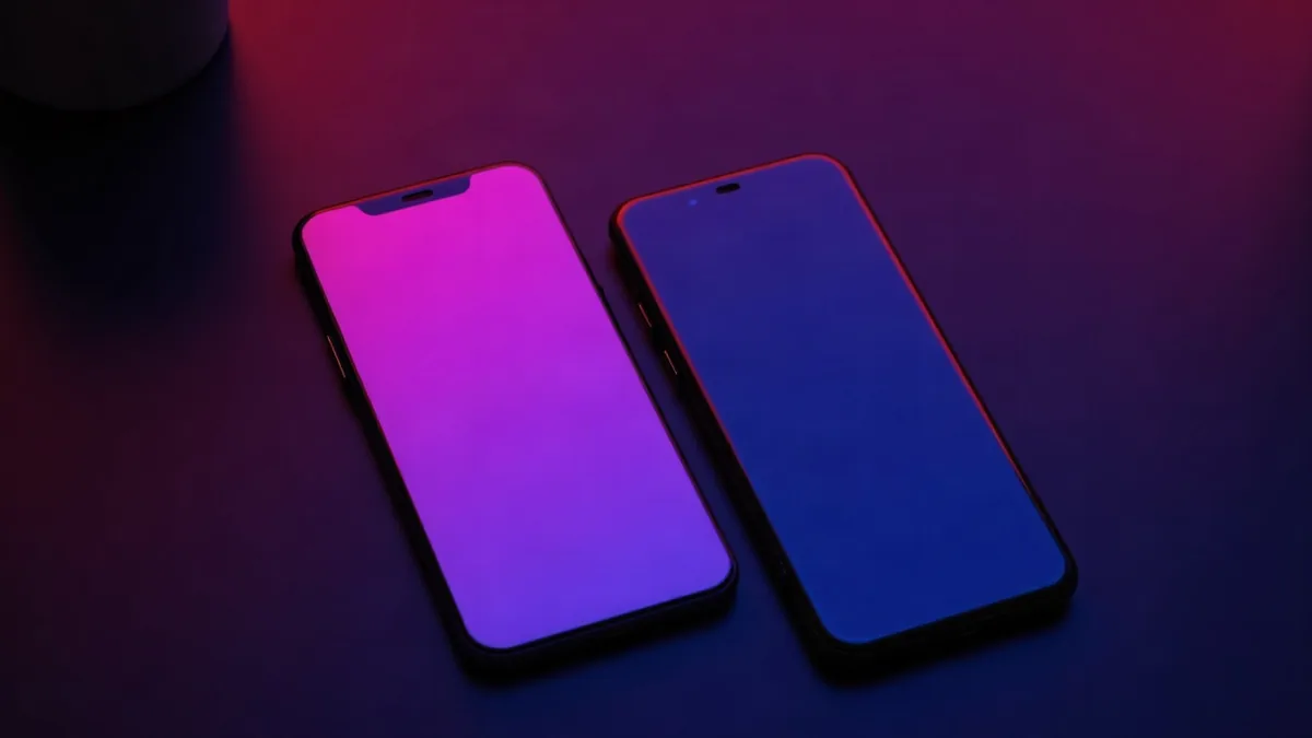 Dois celulares diferentes lado a lado sobre uma superfície escura e brilhante, ilustração do artigo “Namorada IA no iPhone/Android: app oficial ou clone (2026)”