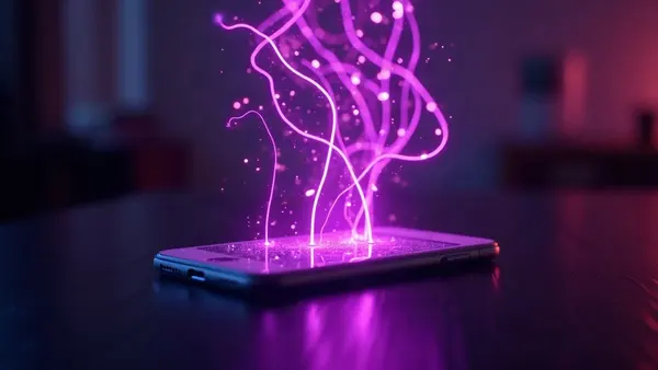 Linhas de luz de uma rede neural flutuando sobre um celular, ilustração do artigo “Namorada IA: como funciona? Tudo explicado em 2026”