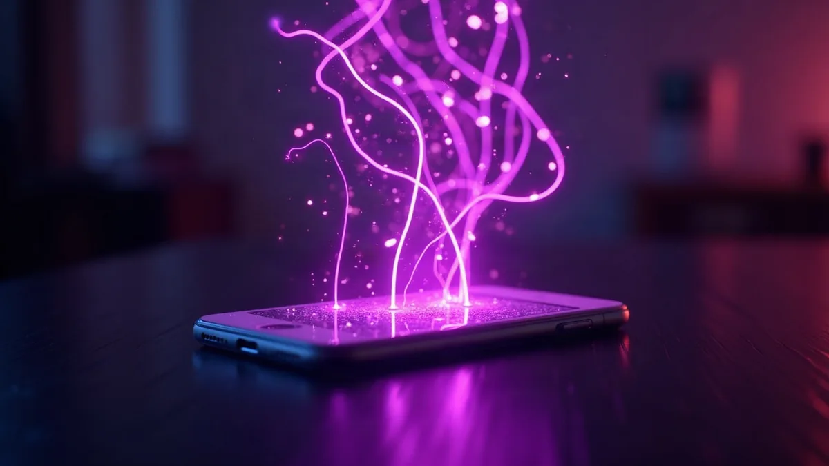 Linhas de luz de uma rede neural flutuando sobre um celular, ilustração do artigo “Namorada IA: como funciona? Tudo explicado em 2026”