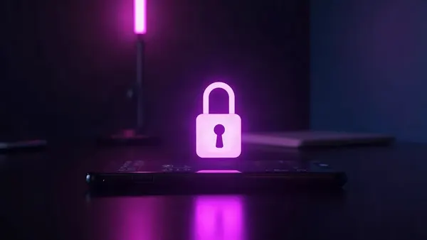 Celular com um cadeado violeta brilhante em cima, numa mesa escura, ilustração do artigo “Namorada IA e privacidade 2026: quais dados os apps coletam?”