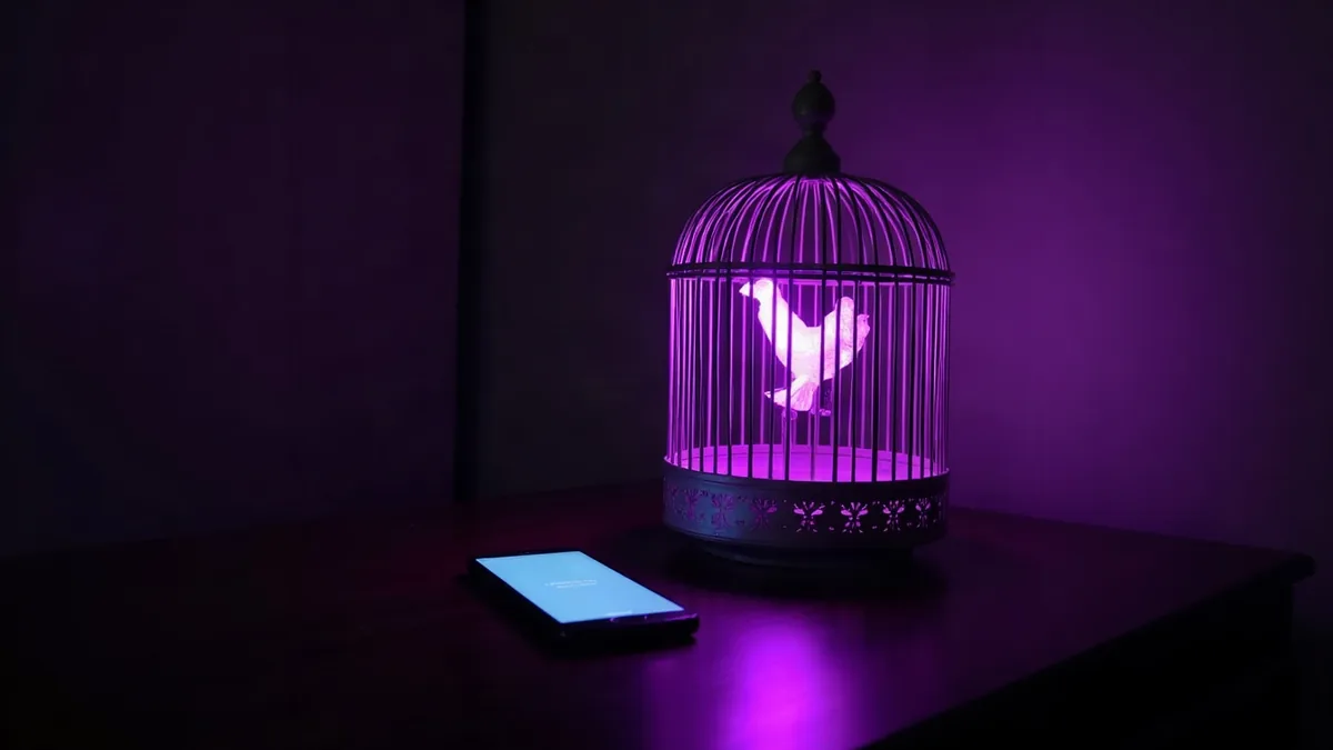 Gaiola aberta de onde escapa uma luz violeta, ao lado de um celular, ilustração do artigo “IA sem censura grátis 2026: o que é grátis de verdade”