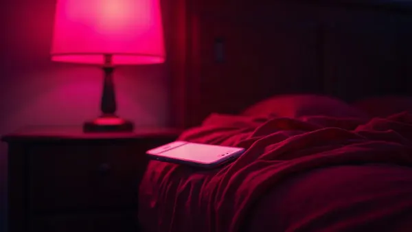 Seda vermelha e celular aceso numa mesa de cabeceira, luz magenta, ilustração do artigo “IA de sexo 2026: chat erótico com IA, o que é permitido”