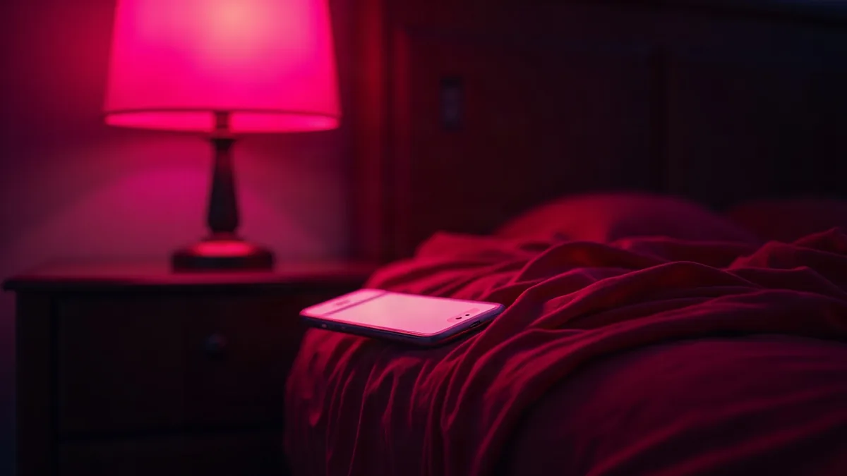 Seda vermelha e celular aceso numa mesa de cabeceira, luz magenta, ilustração do artigo “IA de sexo 2026: chat erótico com IA, o que é permitido”
