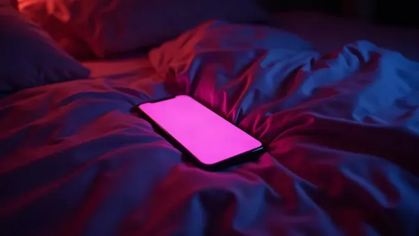 Celular sobre lençóis de seda num quarto escuro, brilho magenta, ilustração do artigo “Sexting com IA: quais apps permitem de verdade (2026)”