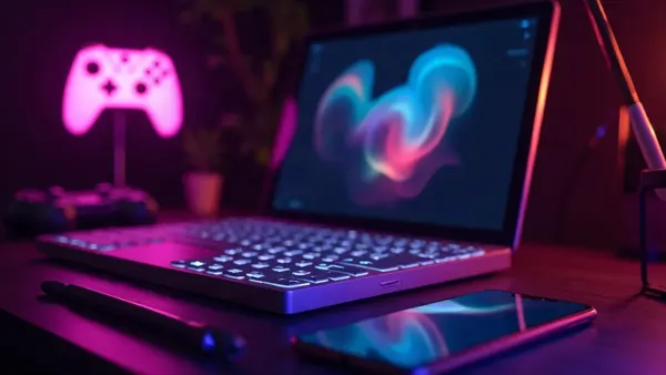 Mesa de criação escura com notebook, celular e um controle de videogame rosa brilhante, ilustração do artigo “Lovescape AI 2026: o que é, preço, jogo Gametime e review”