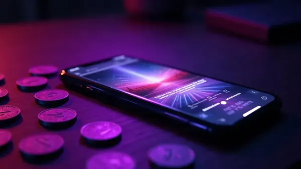 Fichas violeta brilhantes espalhadas em volta de um celular numa mesa escura, ilustração do artigo “OurDream AI preço 2026: assinatura, dreamcoins e vídeo”