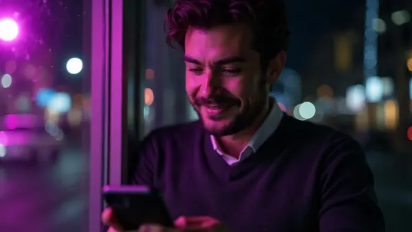 Homem de cabelos castanhos e suéter grafite sorrindo para o celular diante de uma janela à noite, ilustração do artigo “Namorado IA 2026: os melhores apps de companhia masculina”