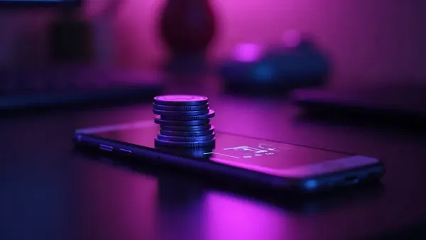 Pilha de fichas violeta brilhantes ao lado de um celular numa mesa escura, ilustração do artigo “Candy AI preço 2026: assinatura, tokens e gasto real”