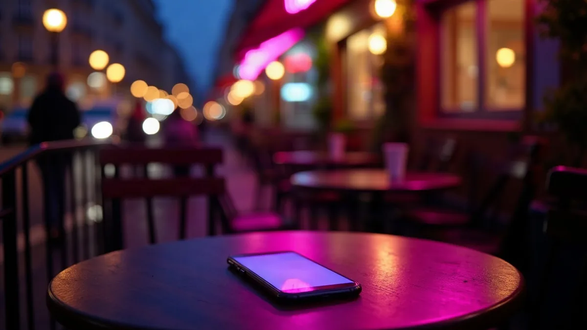 Mesa de café parisiense à noite com um celular aceso, luzes da rua desfocadas, ilustração do artigo “Replika em português 2026: interface, chat, preço e limites”