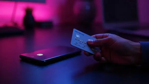 Mão segurando um cartão de crédito ao lado de um celular, luz violeta, ilustração do artigo “Cancelar Candy AI (2026): passo a passo e armadilhas”