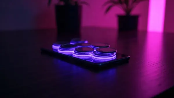 Celular e algumas moedas violeta brilhantes numa mesa de madeira escura, ilustração do artigo “Secrets AI preço 2026: plano mensal, anual e Ultimate”
