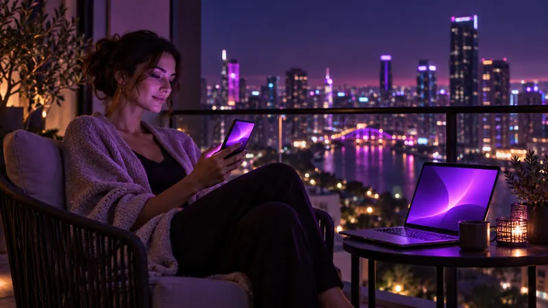 Candy ai app: mulher na sacada à noite segurando o smartphone, com um notebook aberto ao lado