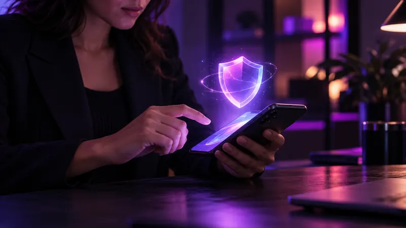 Candy ai é confiável: mulher conferindo o smartphone, com um escudo roxo luminoso acima da tela