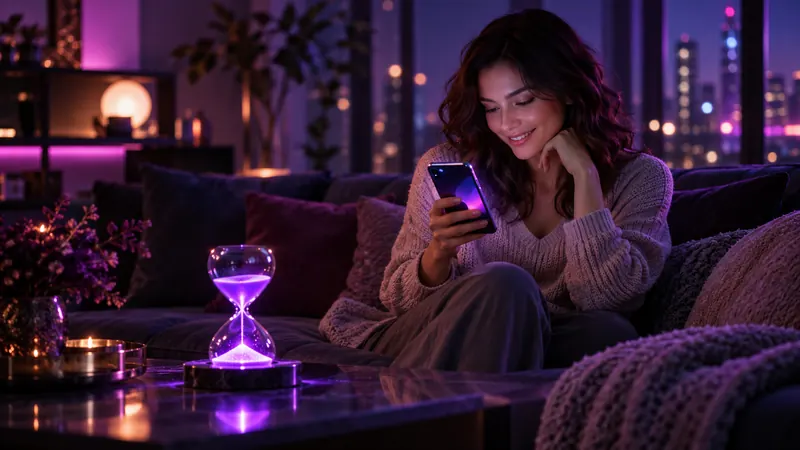 Candy ai grátis: mulher sorridente no sofá com o smartphone e uma ampulheta luminosa na mesa de centro
