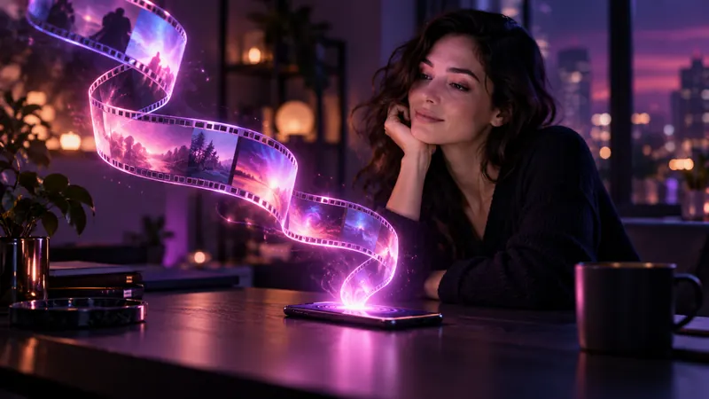 Candy ai vídeo: mulher apoiada em uma mesa onde um rolo de filme luminoso sai de um smartphone