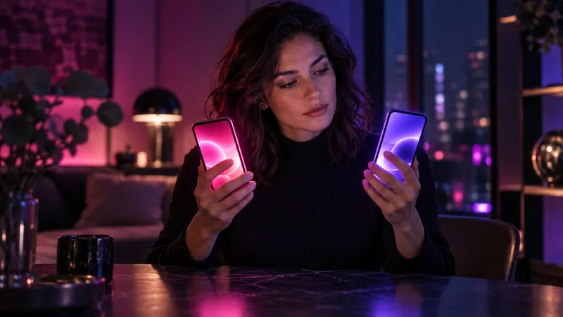 Candy ai vs secrets ai: mulher comparando dois smartphones lado a lado, um rosa e outro roxo