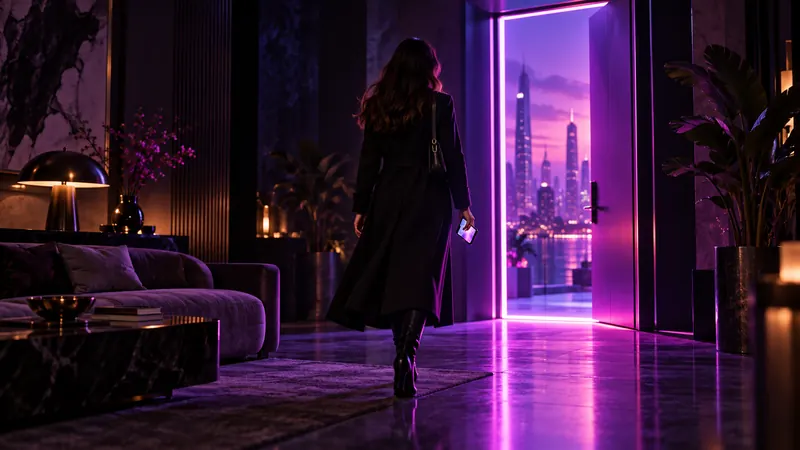 Character ai sem filtro: mulher de casaco longo caminhando em direção a uma porta aberta iluminada por neon roxo